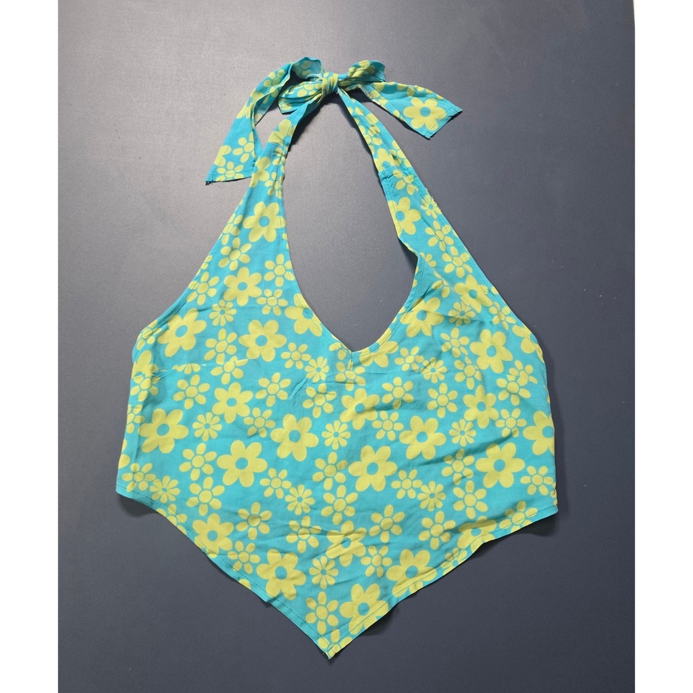 Y2K Floral Halter Top Blue Yellow Handkerchief Hem Smocked Crop Womens Size M